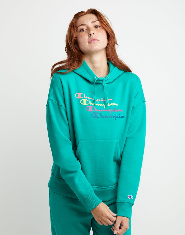 Champion Dame Hættetrøje Turkis - Powerblend Fleece Relaxed Stacked Scripts Logo - Danmark OFD-89527